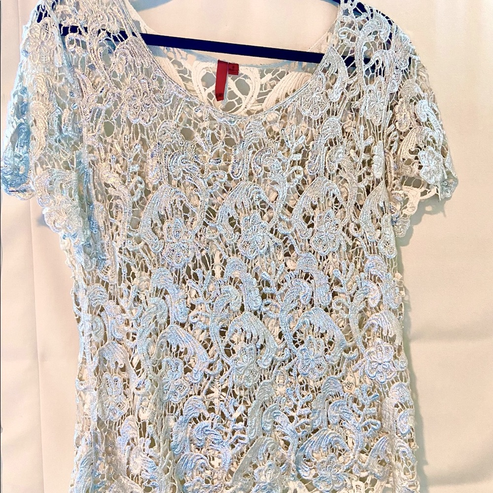 Hand crotched cotton scoop neck top - silver coated cotton.